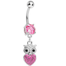 Load image into Gallery viewer, Pink Gem and Paved Heart For the Love of Owls Dangle Belly Ring
