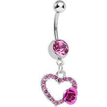 Load image into Gallery viewer, Pink Gem Paved Hollow Heart with Sweet Rose Flower Dangle Belly Ring
