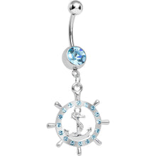 Load image into Gallery viewer, Aqua Gem Ship Wheel and Anchor Dangle Belly Ring
