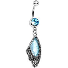 Load image into Gallery viewer, Aqua CZ Large Gem Hematite Leaf Dangle Belly Ring
