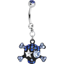Load image into Gallery viewer, Blue Gem Starry Eyed Skull and Crossbones Dangle Belly Ring

