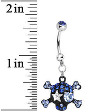 Load image into Gallery viewer, Blue Gem Starry Eyed Skull and Crossbones Dangle Belly Ring
