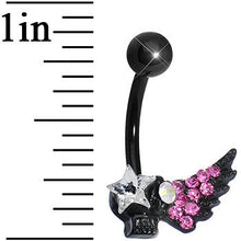 Load image into Gallery viewer, Pink Gem Rock Star Shimmering Wing Black Skull Belly Ring
