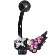 Load image into Gallery viewer, Pink Gem Rock Star Shimmering Wing Black Skull Belly Ring
