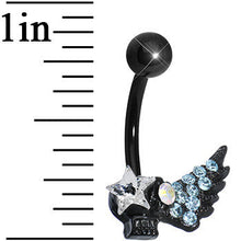 Load image into Gallery viewer, Aqua Gem Rock Star Shimmering Wing Black Skull Belly Ring
