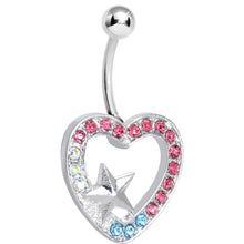 Load image into Gallery viewer, Clear Pink and Aqua Gem Hollow Heart Star Belly Ring

