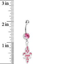 Load image into Gallery viewer, Pink Gem Paved Fleur de Lis Dangle Belly Ring
