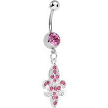 Load image into Gallery viewer, Pink Gem Paved Fleur de Lis Dangle Belly Ring
