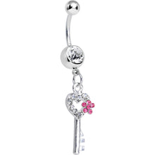 Load image into Gallery viewer, Crystalline Gem Pink Flowered Key Dangle Belly Ring

