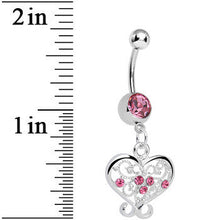 Load image into Gallery viewer, Pink Gem Opulent Scrolled Heart Dangle Belly Ring
