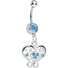 Load image into Gallery viewer, Aqua Gem Opulent Scrolled Heart Dangle Belly Ring
