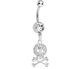 Load image into Gallery viewer, Crystalline Gem Glam Skull and Crossbones Dangle Belly Ring
