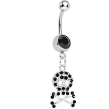 Load image into Gallery viewer, Black Gem Glam Skull and Crossbones Dangle Belly Ring

