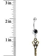 Load image into Gallery viewer, Black Gem Antiqued Bronze Scrolls and Heart Dangle Belly Ring
