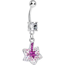 Load image into Gallery viewer, Crystalline Pink Gem Paved Layered Star of David Dangle Belly Ring
