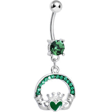 Load image into Gallery viewer, Emerald Green Gem Green Heart Irish Claddagh Dangle Belly Ring
