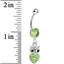 Load image into Gallery viewer, Light Green Gem and Paved Heart For the Love of Owls Dangle Belly Ring
