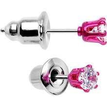 Load image into Gallery viewer, 3mm Neon Pink Round Clear CZ Stud Earrings
