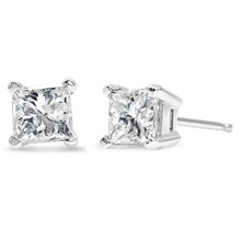 Load image into Gallery viewer, AGS Certified 14k White Gold 1.0 Cttw 4-Prong Set Princess-Cut Solitaire Diamond Push Back Stud Earrings for Women (E-F Color, I1-I2 Clarity)
