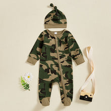 Load image into Gallery viewer, Newborn Baby Girls Boys Camouflage Military Deisgn Romper Infant Cute Zipper Casual Jumpsuit Hairband Hat Set Clothes For Girls And Boys
