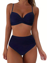 Load image into Gallery viewer, Tropical Vibe High Waist Bikini Set – Flirty V-Neck Swimsuit with Layered Colorblock High Cut Bottom Crisscross Strap Detail &amp; Ultra-Stretch Comfort – Women's Two Piece Swimwear for Summer Beach Pool &amp; Vacation Fun
