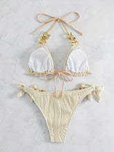 Load image into Gallery viewer, Bikini Ruched Texture Golden Chain 2 Piece Triangle Swimsuit for Women – Striped Halter Bikini Set with Bow Tie Side and Elegant Ring Link Detail – Stretchy Beachwear for Pool Bathing and Summer Vacations
