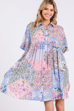 Load image into Gallery viewer, Pink Multicolor Floral Collared Neck Half Sleeve Mini Shirt Dress Feminine Floral Print Dress for Women
