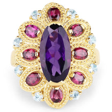 Load image into Gallery viewer, 14K Yellow Gold Plated 6.80 Carat Genuine Amethyst, Rhodolite &amp; Blue Topaz .925 Sterling Silver Ring

