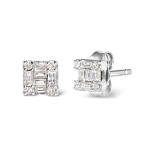 Load image into Gallery viewer, 10K White Gold 1/7 Cttw Round and Baguette Diamond Mosaic Square Stud Earrings (H-I Color, I1-I2 Clarity)
