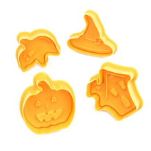Load image into Gallery viewer, 4pcs Halloween Cookie Plunger Cutter 3D Baking Mold Cookie Stamp Biscuit Mold Fondant Cake Decorating Tools Halloween Cookie Cutters Set Fondant Stamper Pastry Cutter Haunted House Hat Ghost Pumpkin Kitchen Molds
