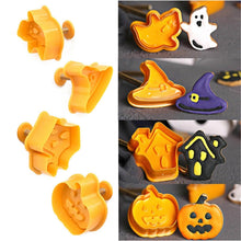 Load image into Gallery viewer, 4pcs Halloween Cookie Plunger Cutter 3D Baking Mold Cookie Stamp Biscuit Mold Fondant Cake Decorating Tools Halloween Cookie Cutters Set Fondant Stamper Pastry Cutter Haunted House Hat Ghost Pumpkin Kitchen Molds
