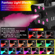 Load image into Gallery viewer, 500W Fog Machine 2000CFM Colorful Smoke Machine with 8-Pieces LEDs 5 Lighting Effects 3-Level Brightness
