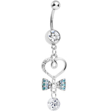 Load image into Gallery viewer, Clear CZ Drop Aqua Gem Bow Half Paved Heart Dangle Belly Ring
