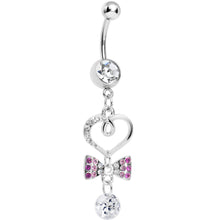 Load image into Gallery viewer, Clear CZ Drop Pink Gem Bow Half Paved Heart Dangle Belly Ring
