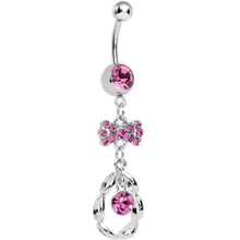 Load image into Gallery viewer, Pink CZ Drop in a Drop and Sparkling Bow Dangle Belly Ring
