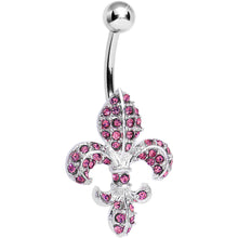Load image into Gallery viewer, Pink Gem Paved Fabulous Fleur De Lis Belly Ring
