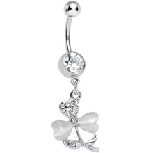 Load image into Gallery viewer, Clear Gem White Pearlescent Petals Flower Dangle Belly Ring
