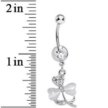 Load image into Gallery viewer, Clear Gem White Pearlescent Petals Flower Dangle Belly Ring
