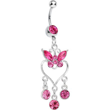 Load image into Gallery viewer, Pink Gem Butterfly Hollow Heart Gem Dangle Belly Ring
