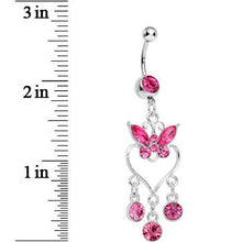 Load image into Gallery viewer, Pink Gem Butterfly Hollow Heart Gem Dangle Belly Ring
