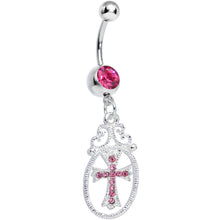Load image into Gallery viewer, Pink Gem Oval Framed Elegant Cross Dangle Belly Ring
