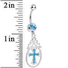 Load image into Gallery viewer, Aqua Gem Oval Framed Elegant Cross Dangle Belly Ring
