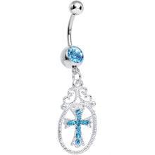 Load image into Gallery viewer, Aqua Gem Oval Framed Elegant Cross Dangle Belly Ring
