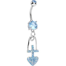Load image into Gallery viewer, Aqua Gem Glitter Cross and Heart Dangle Belly Ring
