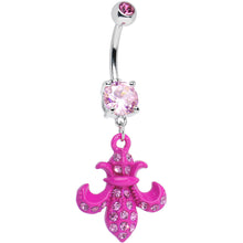 Load image into Gallery viewer, Pink Gem Hot Pink Flipped Fleur de Lis Dangle Belly Ring
