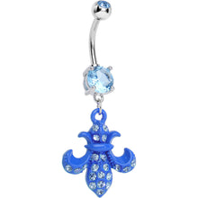 Load image into Gallery viewer, Aqua Gem Bright Blue Flipped Fleur de Lis Dangle Belly Ring
