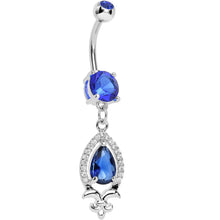 Load image into Gallery viewer, Blue Gem Brilliant Budding Fleur De Lis Dangle Belly Ring
