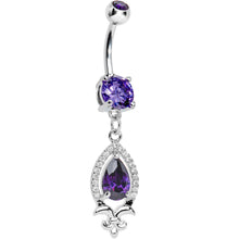 Load image into Gallery viewer, Purple Gem Brilliant Budding Fleur De Lis Dangle Belly Ring
