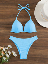 Load image into Gallery viewer, Bikini Rib Knit Solid Color Triangle 2 Piece Swimsuit for Women – Adjustable Tie Back Halter Bikini Set with Spaghetti Straps – High Stretch Polyester Swimwear for Summer Beachwear Poolside Relaxation and Tropical Vacation
