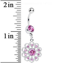 Load image into Gallery viewer, Pink CZ Round Crystal Flower Dangle Belly Ring
